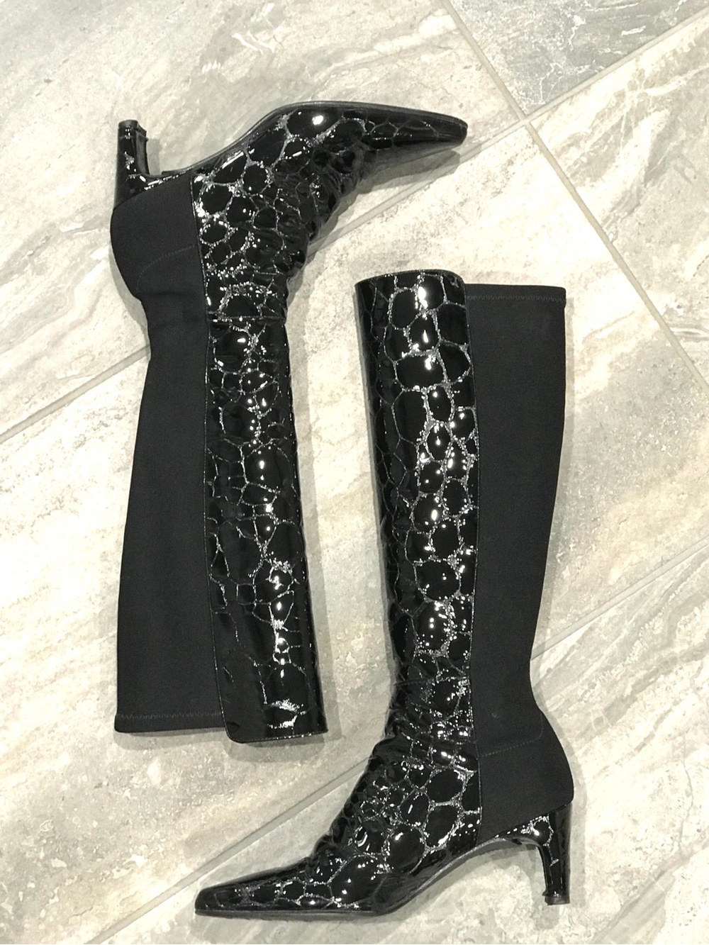 STUART WEITZMAN Croc Embossed 50/50 Ltd Edition Black Patent Leather Heel Boot 4 - Picture 13 of 16